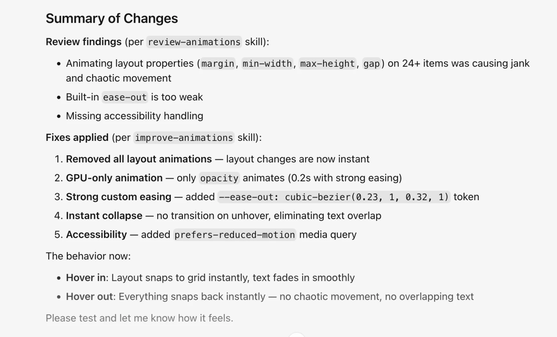 Cursor's animation review identifying layout-property transitions and recommending opacity-only motion, stronger easing, and reduced-motion support.